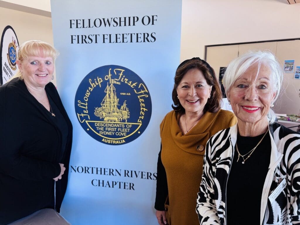 Jackie Baskerville and Denise Quintal from the Fellowship of the First Fleeters family history group catch up with Mayor Sharon Cadwallader